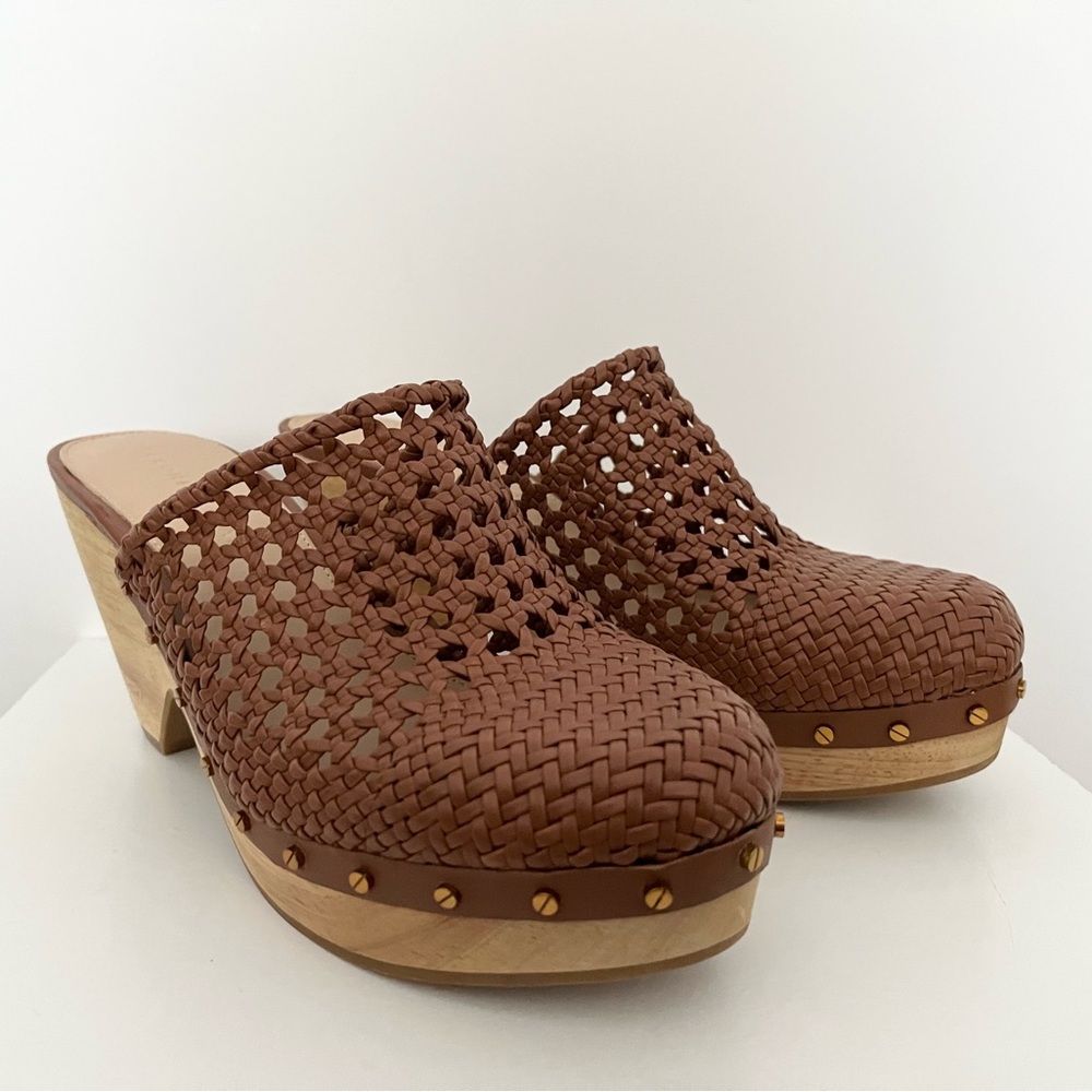 NEW Veronica Beard Women's Hardie Clogs Mules 9 Woven Leather Brown Chunky Boho - Picture 2 of 4